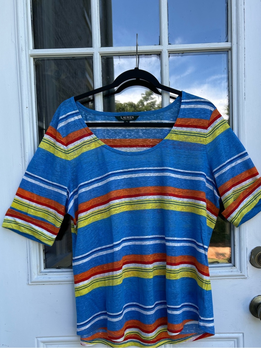 Lauren Ralph Lauren 100% Linen Striped 3/4 Sleeve Top XL Blue Orange Resort Wear